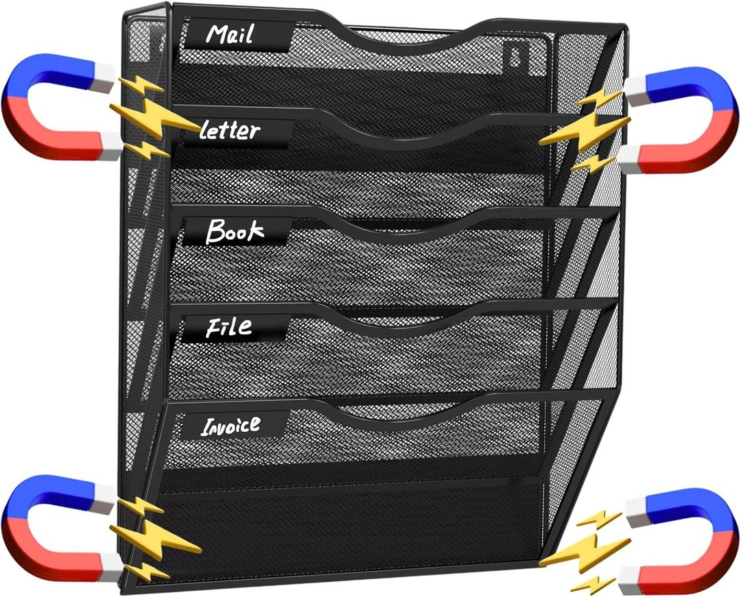 Magnetic 5 Pocket Wall File Organizer, Mesh Hanging Wall Mounted Document Paper Filing Magazine Rack with Nametag Label for Office Home School, 5 Tier Black