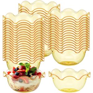 Newtay 50pcs 6oz Small Plastic Dessert Bowls Ice Cream Bowls Reusable Flower Shaped Party Serving Elegant Buffet Serving Cups for Nuts, Salad, Fruit, Snacks and Yogurt (Gold)