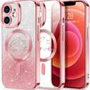 Hython for iPhone 12 Case Glitter, Compatible with MagSafe Love Heart Magnetic Clear Phone Cases for Women Girls, Full Camera Protection Sparkle Plating Shockproof Protective Cover, Pink
