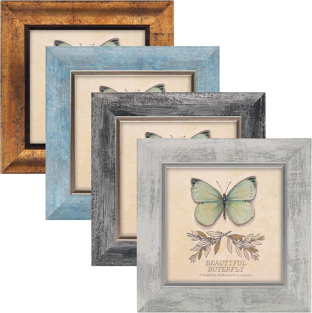 XUANLUO 5x5 Picture Frames Set of 4 Rustic Retro Photo Frame with HD Plastic Cover for Wall Mount and Tabletop Display Family Friends Wedding Gift (Mix Color-4pcs)