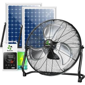 ecoCalm Solar Fan High Airflow, Solar Fans for Outside with Thermostat & Battery, 18" Solar Powered Fan with 60W Panel for Greenhouse, Gazebo, Chicken Coop