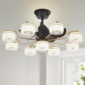 Chandelier Ceiling Fan: Modern Fandelier - 9 Light Sputnik Fixture for Bedroom Living Room - 5 Blades, 6 Speed, 3 Color Change, Black 39.4" (9 Lights, Black & Gold)