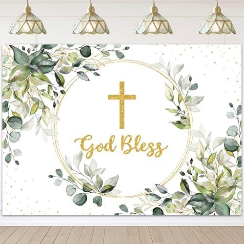 Mocsicka Greenery Baptism Backdrop Green and Gold God Bless Background First Holy Communion Christening Party Cake Table Decoration Banner Photo Booth Props (7x5ft)