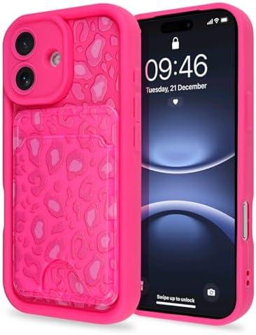 MZELQ Compatible with iPhone 17 Case 2025 Silicone Card Holder, Cute Pattern Leopard Print Cheetah Cover for Girls Women -Hot Pink