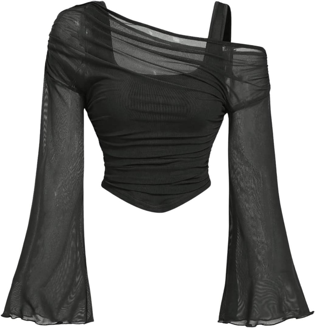 BEAUDRM Women's Y2K Off The Shoulder Tops Long Bell Sleeve Mesh Shirt Ruched Crop Top Rave Clubwear (Medium, Black)