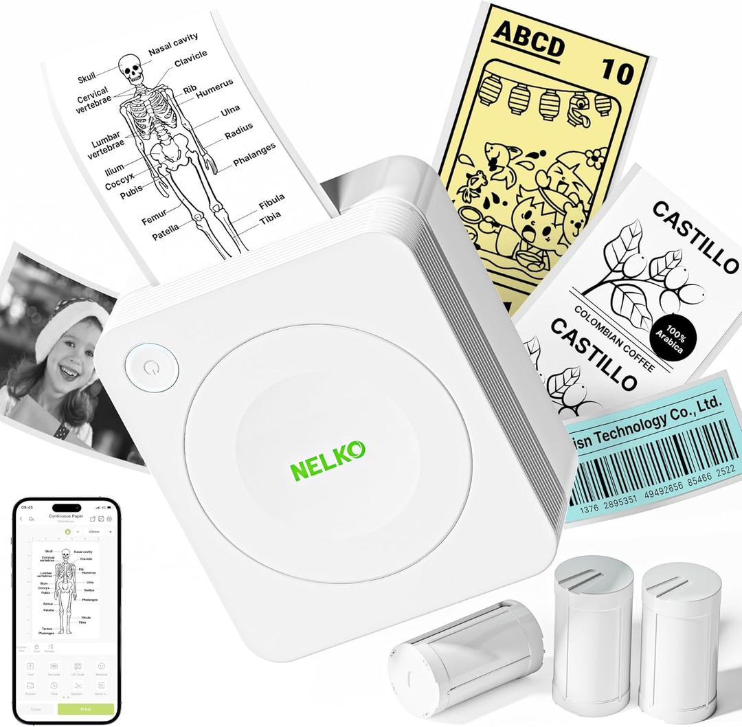 Nelko Sticker Printer, PM230 Print Pod Mini Bluetooth Portabel Sticker Maker with 3 Rolls Paper, Print Pods with Multiple Templates for Phone & Tablet, Smart AI APP Family, White