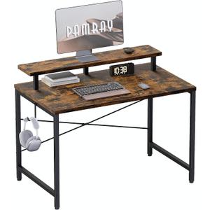 Pamray 32 Inch Small Computer Desk with Monitor Stand, Simple Office Desk with Headphone Hook for Small Spaces, Kids Study Writing Table for Bedroom, Vintage