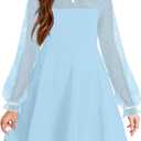 Arshiner Girl's Contrast Mesh Puff Long Sleeve High Waist A Line Short Dress with Pockets for 6-13 Years (Light Blue)