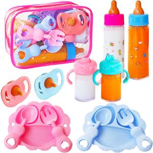 13 Pcs Baby Doll Accessories Magic Bottle Set, Pretend Play Feeding Toy Set with Package, Doll Feeding Set for Kids Girls, Magic Disappearing Juice Milk Bottles, Sippy Cups, Pacifiers, Bowl Spoons