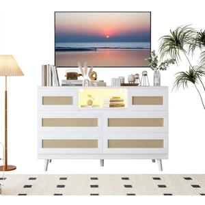 Hetoy Rattan Drawers,LED Rattan 6-Drawer Dresser with Power Outlets,47" Wide Modern Wooden Chest of Drawers with Charging Station, Multi-Function TV Stand & Storage Cabinet for Bedroom, Living Room