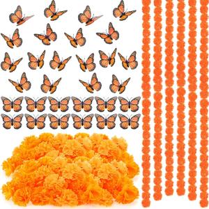 Yunsailing 96 Pcs Day of The Dead Decoration Set 6 Pcs 5 ft Artificial Marigold Flowers Garland 30 Pcs Monarch Butterfly Decor 60 Pcs Mexican Flowers Decor for Dia De Los Wedding (Deep Orange)
