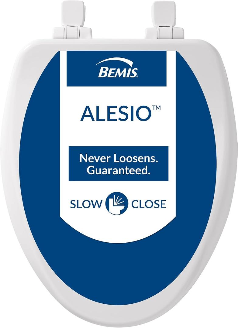Bemis Alesio II Slow Close Toilet Seat, Easy Clean Hinges and Adjustable Perfect Fit Wood Seat, Made in USA, Elongated, White
