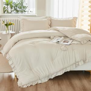 Litanika Comforter Full Size Set Beige, 3 Pieces Ruffle Lightweight Bedding Comforter Set, Fluffy Bed Set (79x90In Comforter, 2 Pillowcases)
