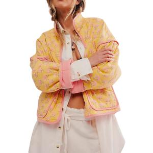 AICHARMWA Women's Floral Quilted Jackets Cropped Open Front Lightweight Short Padded Puffer Coat(005-YellowFloral-M)