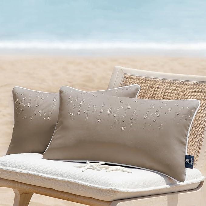 Phantoscope Pack of 2 Outdoor Waterproof Solid Throw Decorative Pillow Cover Decorative Square Outdoor Pillows Cushion Case Patio Pillows for Couch Tent Sunbrella, Light Coffee 12x20 inches 30x50 cm