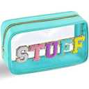 URSKYTOUS Chenille Letter Clear Makeup Bag Nylon Preppy Patch Stuff Cosmetic Bag with Zipper Large Clear Travel Makeup Pouch Transparent PVC Waterproof Toiletry Organizer Storage for Women (Blue)