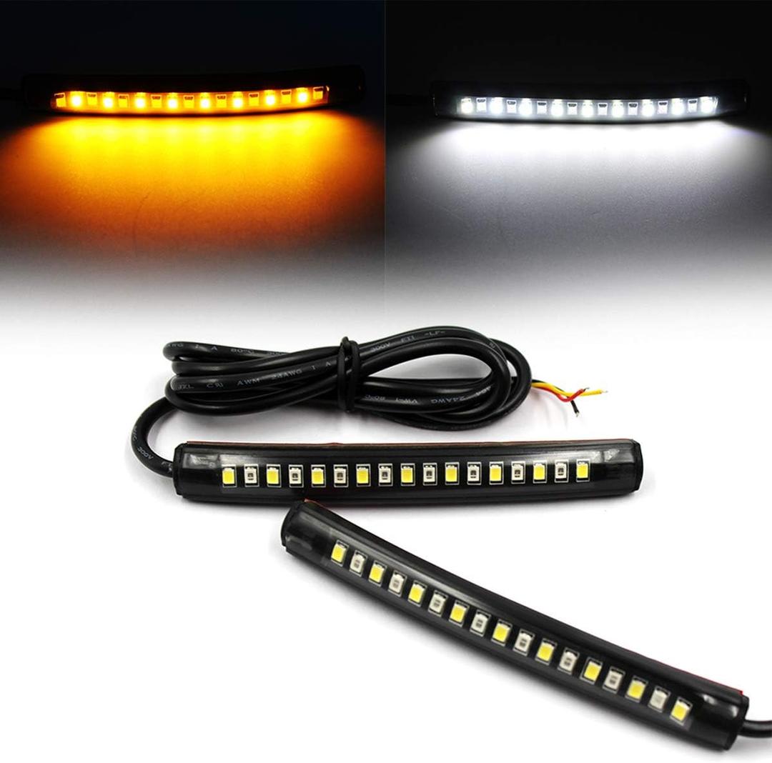 FXC 2x Universal Flexible LED Turn Signal Tail Brake License Plate Light Integrated for Motorcycle Bike ATV Car RV SUV, Brake/Running Tail Light(2Pack) (Amber White)