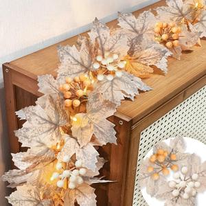 6 Ft Thanksgiving Garland with Lights Timer Function, Fall Garland with Berries Vine Foliage Lights Automatic ON/Off Timer Thanksgiving Table Decorations for Home Mantle Fireplace Porch Winter Party
