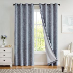Navy Solid Full Blackout Curtain Heavy Linen Texture Window Treatment for Bedroom Noise Reducing Thermal Insulated Drapes 8 Grommets Top for Living Room with Liner, Indigo Blue, 50" x 84" x 2