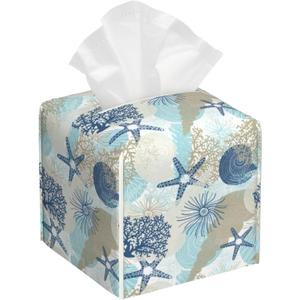 Tissue Box Holder Corals and Seashells Tissue Box Cover Square Leather Tissue Holder Organizer Portable Decorative Facial Paper Case for Home Office Bathroom Vanity Countertop