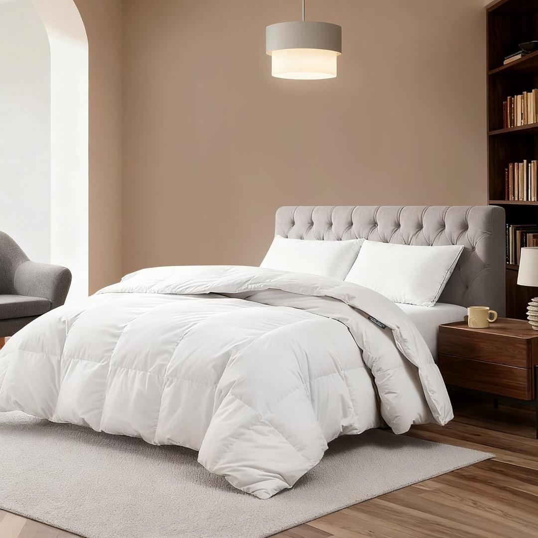 Hotel Suite Luxurious Feather and Down Comforter Duvet Insert Full/Queen Size, 100% Cotton Cover, Hotel Collection Quilts, 56 oz Fill Weight, All Season Medium Warmth 88 x 88 Inch White