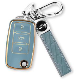 MILD EAST for VW Car Key Fob Cover with Keychain, Soft TPU Car Key Case Shell for Volkswagen Beetle Gti Jetta Passat Tiguan (blue)