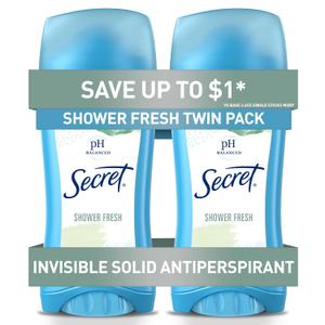 Secret Antiperspirant and Deodorant for Women, 24hr Sweat & Odor Protection, PH Balanced Protection, Gentle on Skin, Invisible Solid, Shower Fresh Scent, 2.6 oz (Pack of 2)
