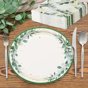 Yiyiring 150 Pcs Party Supplies, 50pcs Plates 11inch and 100pcs Paper Napkins 13 inches for Party(Eucalyptus)