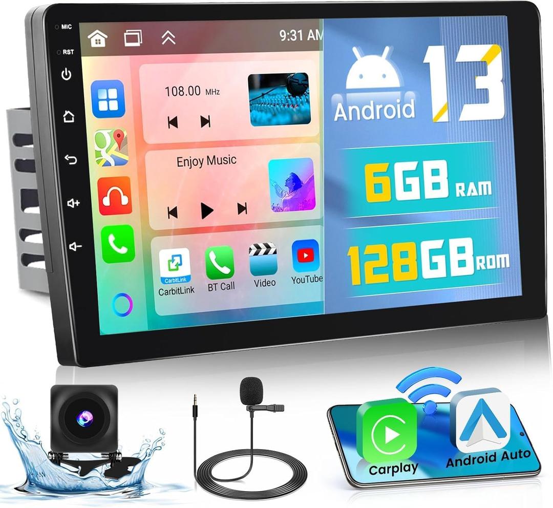 【6+128GB 8 Core】 Hikity Android 13 Car Stereo Double Din Radio with Wireless Carplay Android Auto, 9 Inch IPS Touch Screen Radio Bluetooth 5.0, GPS, WiFi, 32EQ DSP, 59 UI, SWC, Mic, AHD Backup Cam