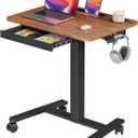 Mobile Standing Desk with Drawer, 28" Rolling Desk with Cup Holder and Hooks, Portable Laptop Workstation on Wheels, Height Adjustable Cart with Storage for Home Office, Dark Wood