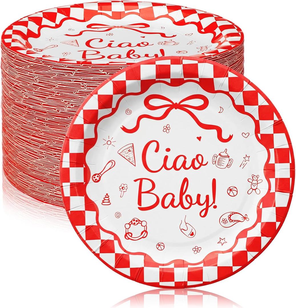 LemonRoad 100 Pcs 7 Inch Ciao Baby Party Plates Ciao Baby Shower Decorations Red and White Gingham Paper Plates Italian Newborn Party Supplies