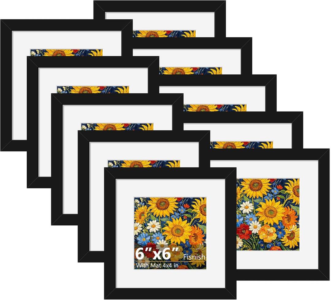 6x6 Picture Frame Sef of 10, Display Pictures 4x4 with Mat or 6 x 6 without Mat, Square Photo Frame Collage for Wall Gallery Decor, Hanging or Tabletop Display, Black