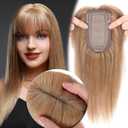 MY-LADY Human Hair Toppers for Women Real Human Hair with Bangs Thin 7 * 13CM Silk Base with Lace Clip in Straight Remy Hairpieces 150% Density 16 Inch Dark Blonde