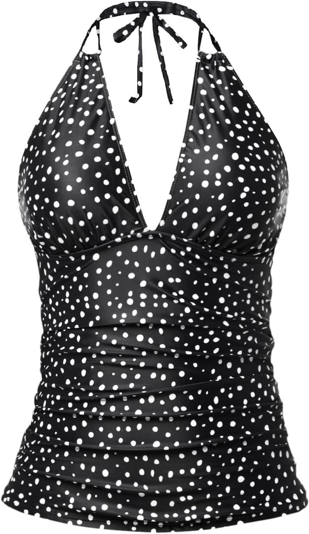 Women's Halter Tankini Top V Neck Swim Top Tummy Control Bathing Suit | Adjustable Straps, Removable Cups, Backless, Full lining, Dry Quickly, Full Torso Modesty Via Long Hem (M)