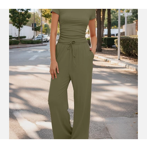 Women's 2 Piece Lounge Set Ruched Short Sleeve Tops High Waisted Wide Leg Pants Size M