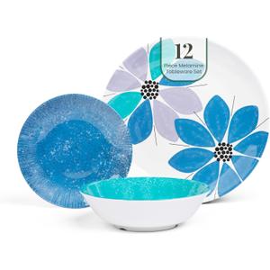 Larder & Vine 12-Piece Melamine Dinnerware Set: Durable, Lightweight, Break-Resistant Plates & Bowls Stylish, Non-Toxic, Dishwasher Safe Ideal for Everyday Use, Indoor & Outdoor Dining Floral