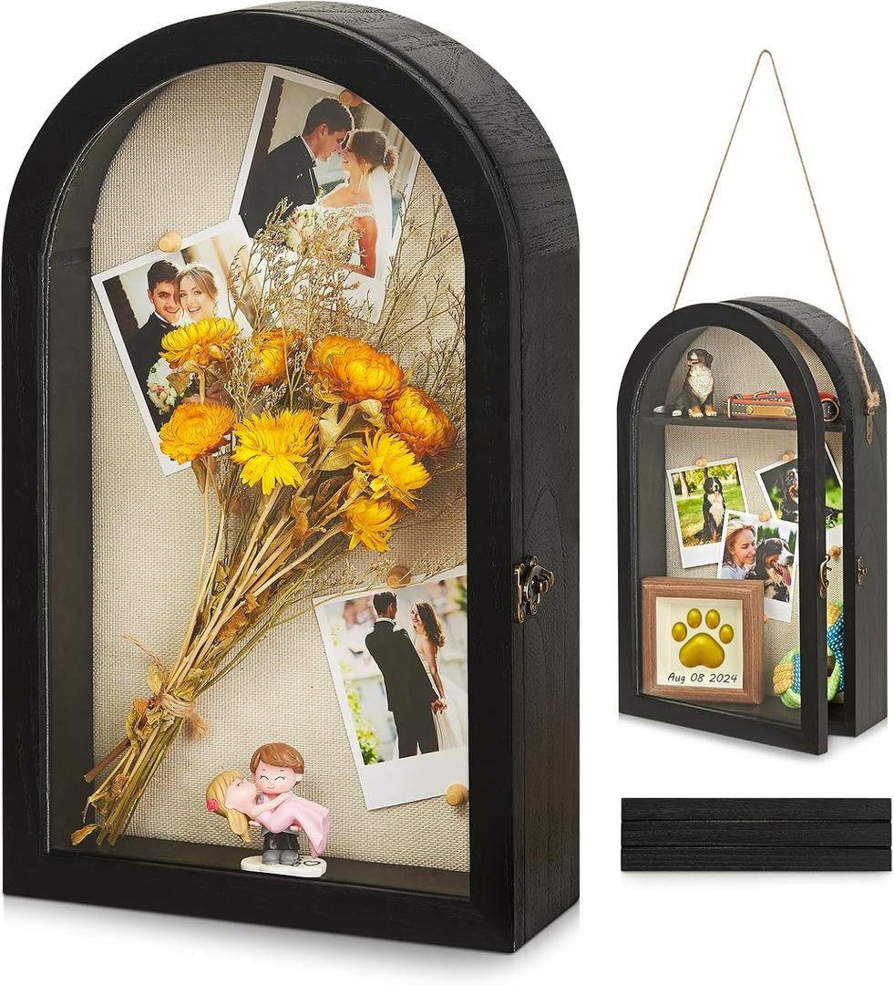 Shadow Box Frame 10x16 Large Shadow Boxes Display Cases with Linen Back and Removable Shelves, Picture Frame Wedding Bouquet Memorabilia Medals Photos Memory Box for Keepsakes (Black)