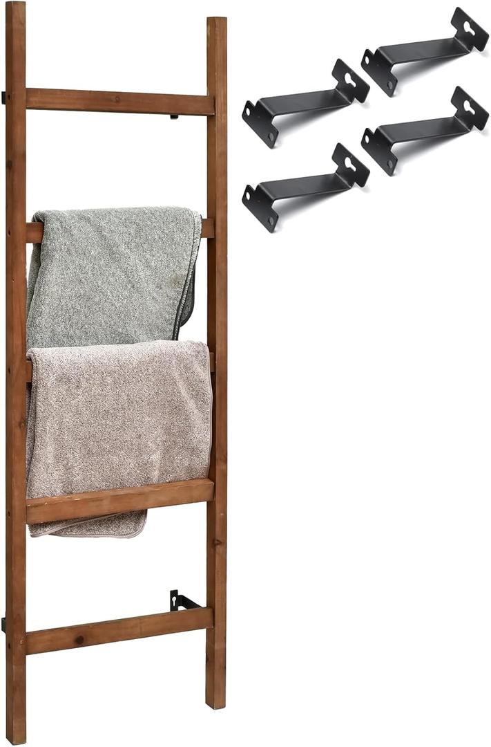 FUIN Wall Mounted 57in Wooden Blanket Ladder Living Room Decorative Farmhouse Quilt Display Holder Rustic Wood Towel Rack for Bathroom