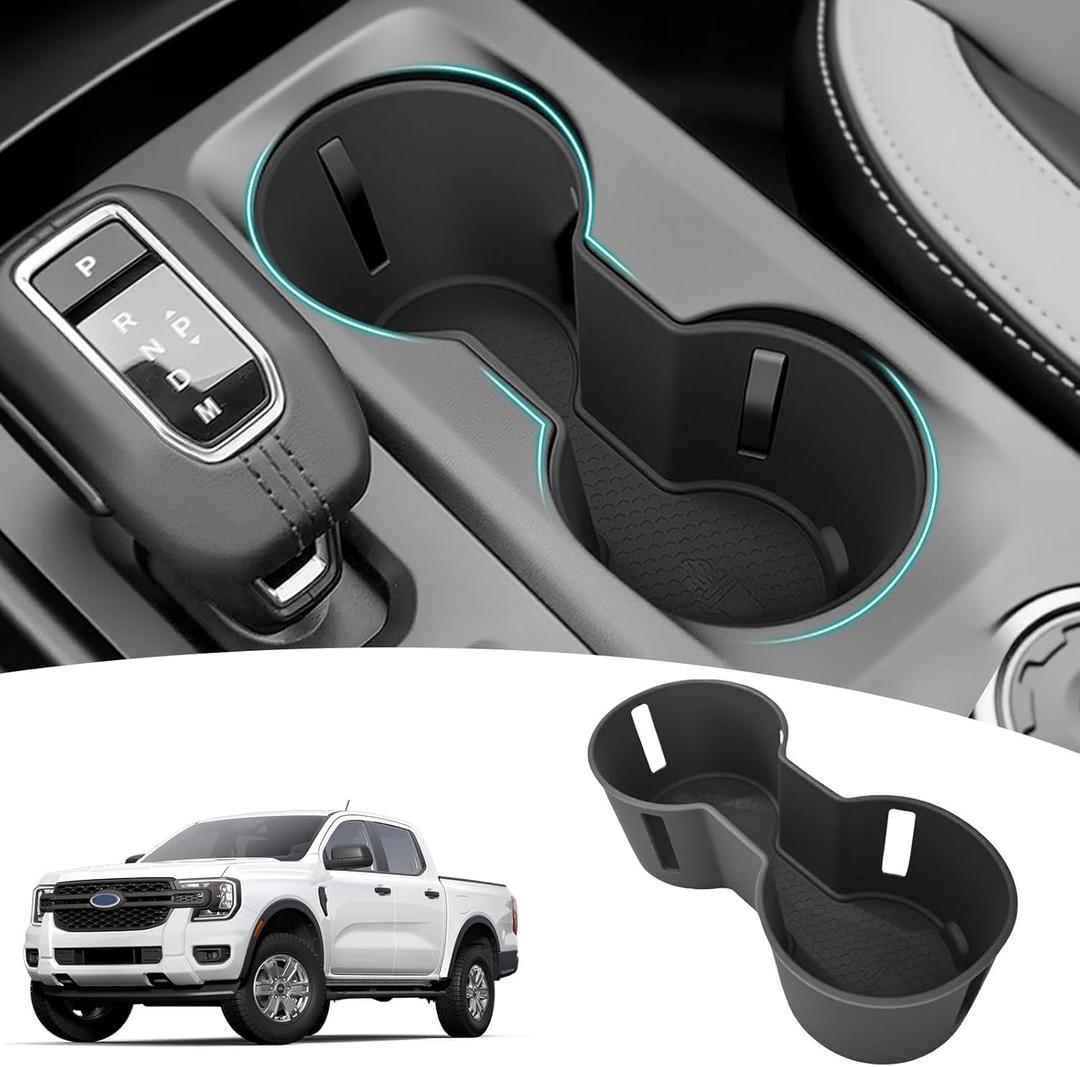 Cup Holder Organizer Compatible with 2024 2025 Ford Ranger Raptor Lariat XL XLT Accessories, Noise-Free Water & Dust Proof Silicone Insert Console Drink Holder for 24-25 Ranger Accessories