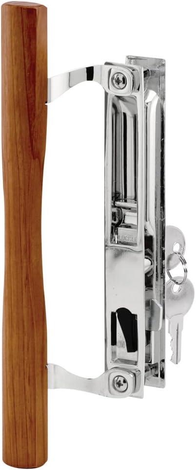 Prime-Line C 1149 Keyed Sliding Glass Door Handle Set Replace Old or Damaged Door Handles Quickly Wood & Chrome Plated Diecast, Hook Style, Flush Mount, Fits 6-5/8 in. Hole Spacing (1 Set)
