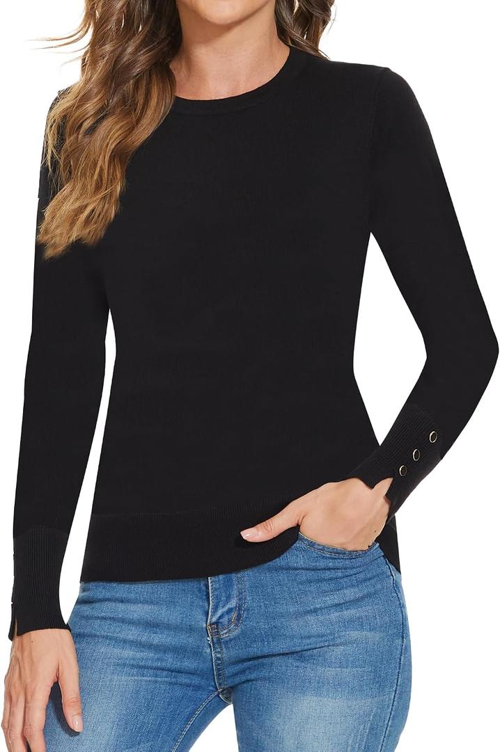 Women's Long Sleeve Crewneck Knit Tops Dressy Casual (Black, XXL)