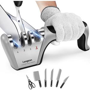 Longzon 4-in-1 Knife Sharpener [4 Stage] with a Pair of Cut-Resistant Glove,Original Premium Polish Blades, Best Kitchen Knife Sharpener Works for Fruit and Steel Knives, Scissors(Black+Silver)