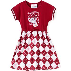 Harry Potter Dress Girls Clothes Gryffindor Hedwig Owl Print Short Sleeves Sun Dress Summer Casual for Teen Girls (7-8 Years, Burgundy)