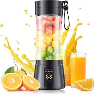 Cordless Portable Personal Size Blender - USB Rechargeable Blender for Smoothies and Shakes, 6 Blades with 380Ml BPA Free Juice Cup, Freshly Squeezed for Picnic/Sports (Black)