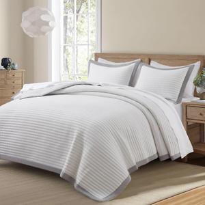 Bonlino White Quilt Set King Size - Farmhouse Soft Striped Stitch Bedding Bedspread Coverlet Summer Lightweight Quilt Bed Sets with 2 Pillow Shams for Home All Season with Grey Border