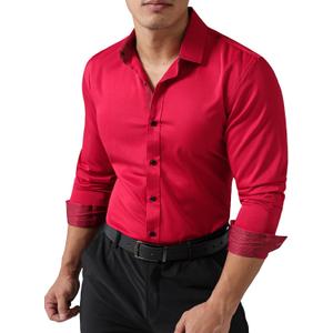 JOGAL Men's Dress Shirts Regular Fit Long Sleeve Stretch Business Wedding Button Down Shirts (Red, L)