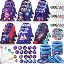 Sadnyy 140 Pcs Space Party Favors Outer Space Gift Bulk Galaxy Drawstring Backpack with Silicone Bracelet Straws Keychains Pin Badges Stickers for Galaxy Party Theme Birthday Supplies