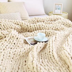 Admitrack Chunky Knit Blanket Throw, 100% Hand Knit Chenille Throw Blanket for Sofa & Home Decor, Soft and Cozy Knitted Throw Blankets (Ivory40"x50")