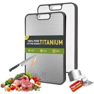 Pure Titanium Cutting Board for Kitchen - Non Toxic Double Sided Chopping Board for Meat & Vegetables, Dishwasher Safe, Non Slip Wheat Straw PP Back, with Stainless Steel Finger Guard, 16”×11” Large