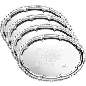 4-Pack 15.7" x 11.8" Large Silver Serving Trays Set - Oval Floral Engraved Mirror Tray, Birthday & Wedding Tableware Platters for Whiskey, Cookies, Charcuterie, Snacks, Desserts, Party Food Display